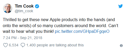 Tim Cook发推庆祝iPhone XS XS Max和Apple Watch Series 4发售