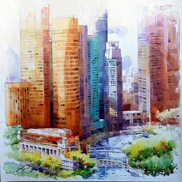 杰克提亚记吴城市风景水彩画作欣赏