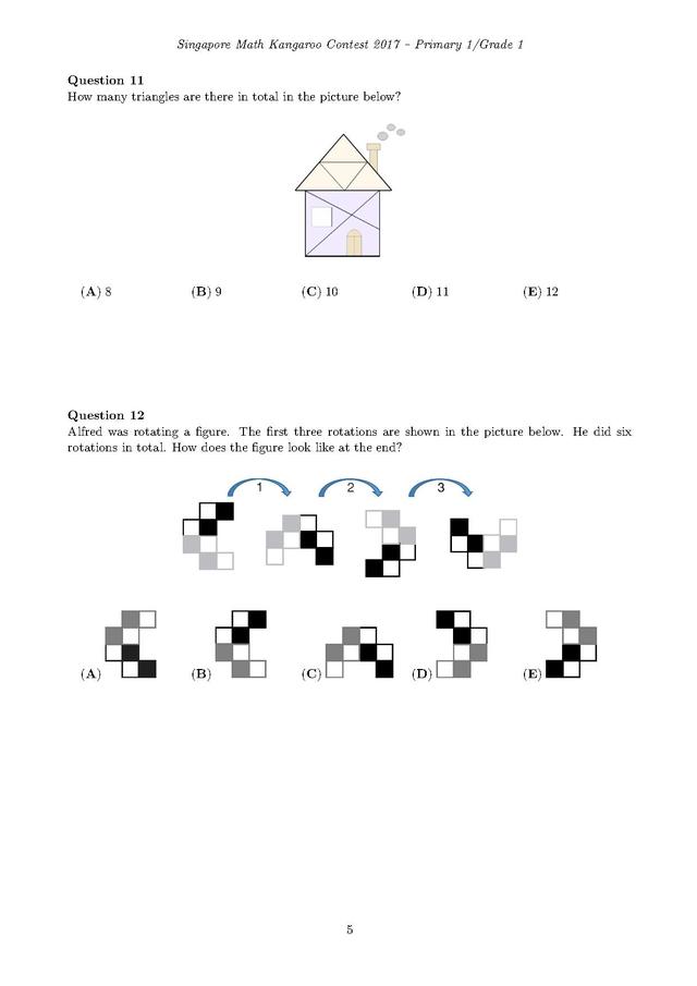 新加坡袋鼠数学竞赛1年级试卷和答案
