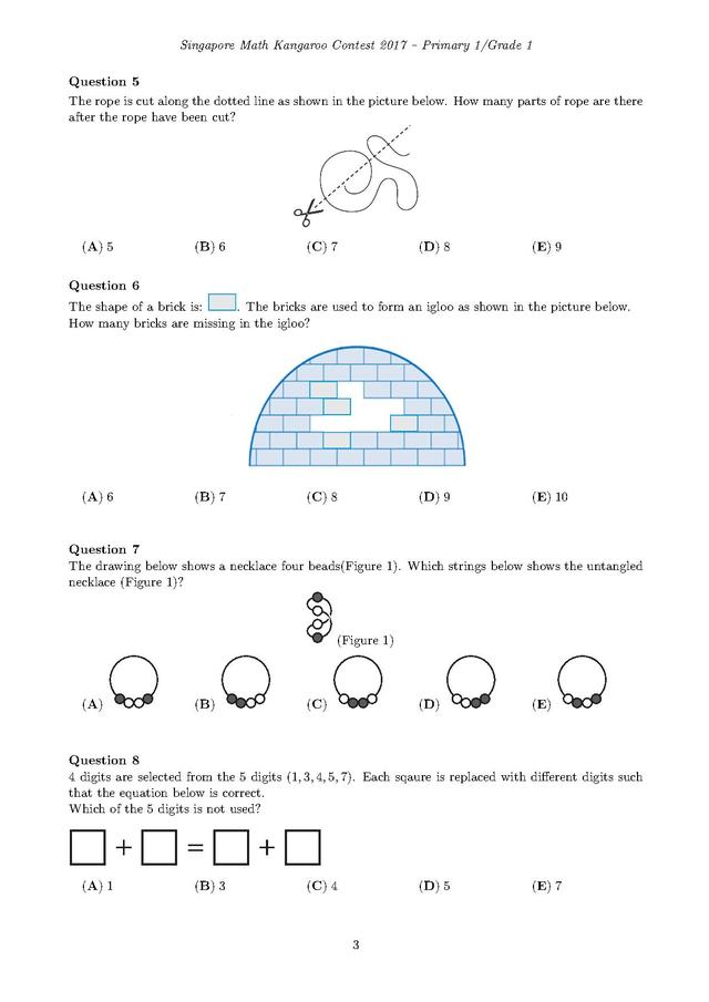 新加坡袋鼠数学竞赛1年级试卷和答案