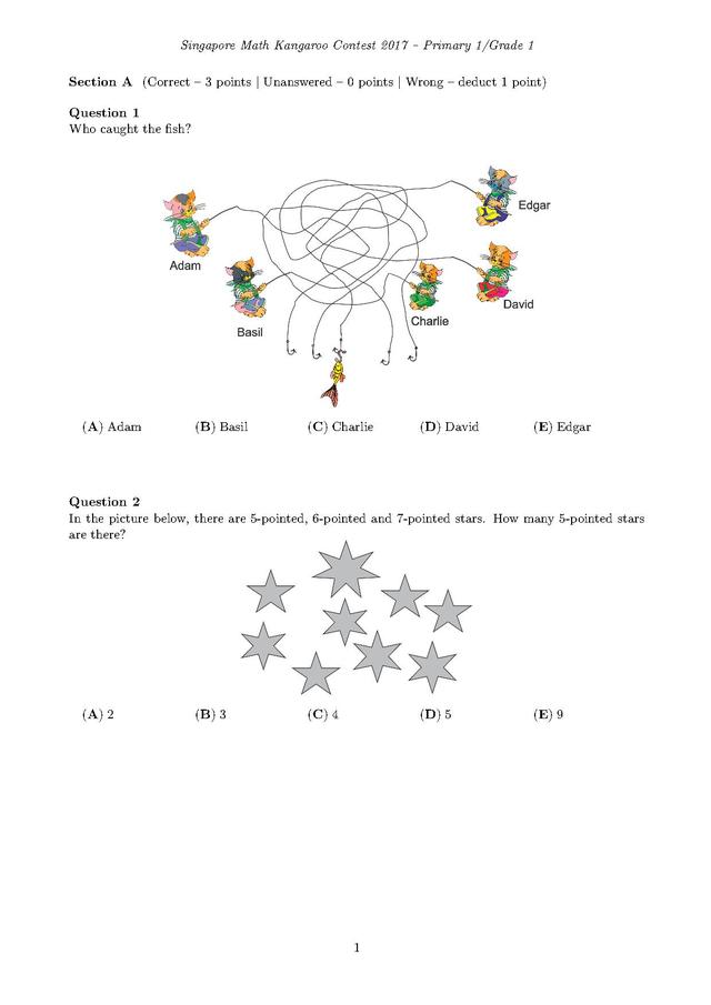 新加坡袋鼠数学竞赛1年级试卷和答案