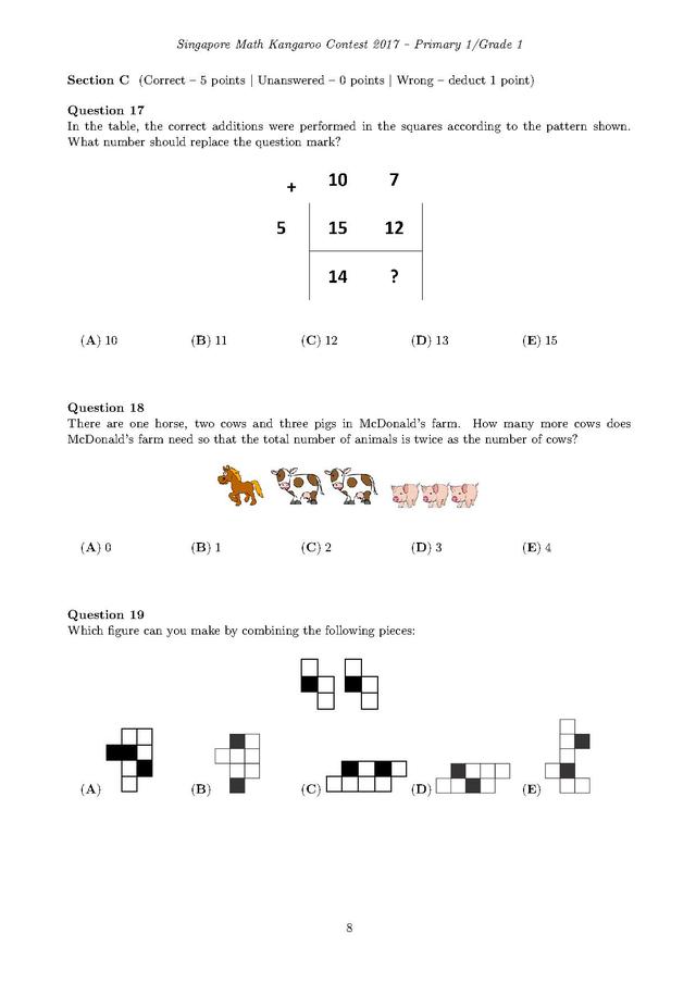 新加坡袋鼠数学竞赛1年级试卷和答案