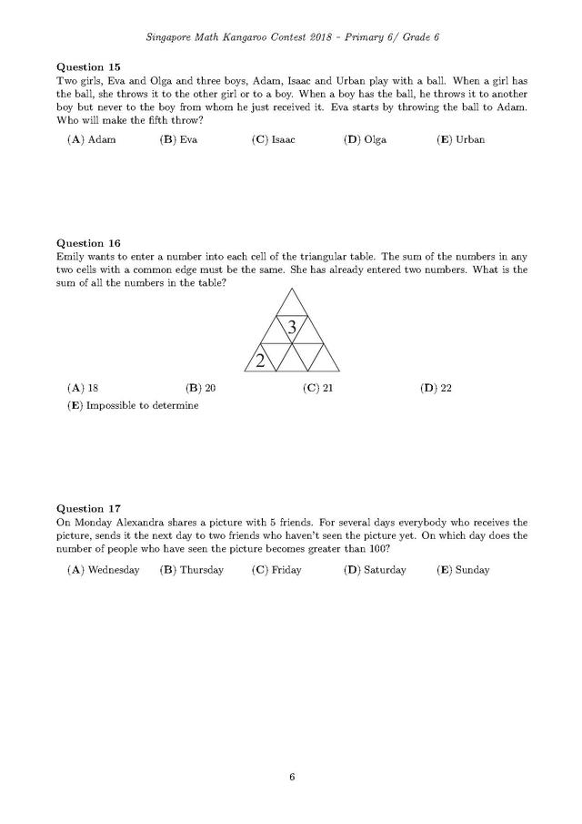 新加坡袋鼠数学竞赛6年级试卷和答案