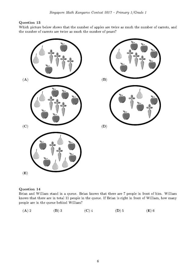 新加坡袋鼠数学竞赛1年级试卷和答案
