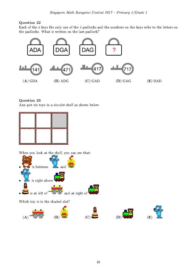 新加坡袋鼠数学竞赛1年级试卷和答案