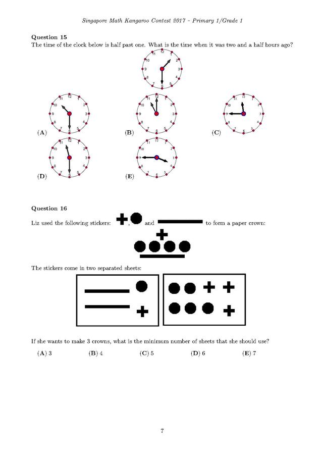 新加坡袋鼠数学竞赛1年级试卷和答案