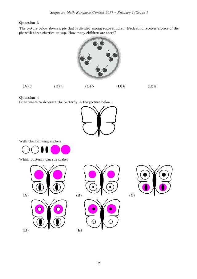新加坡袋鼠数学竞赛1年级试卷和答案