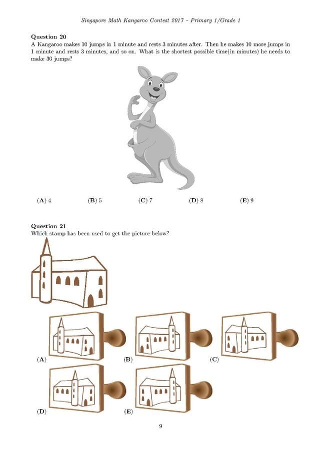 新加坡袋鼠数学竞赛1年级试卷和答案