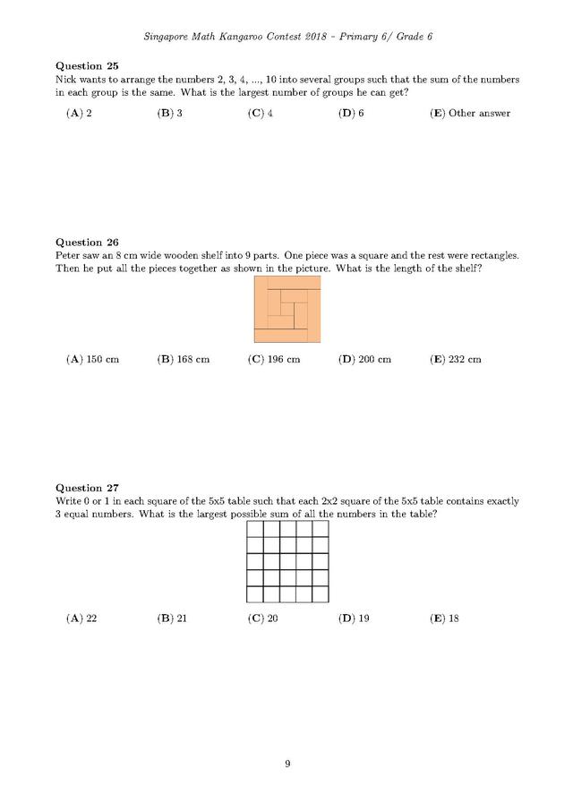 新加坡袋鼠数学竞赛6年级试卷和答案