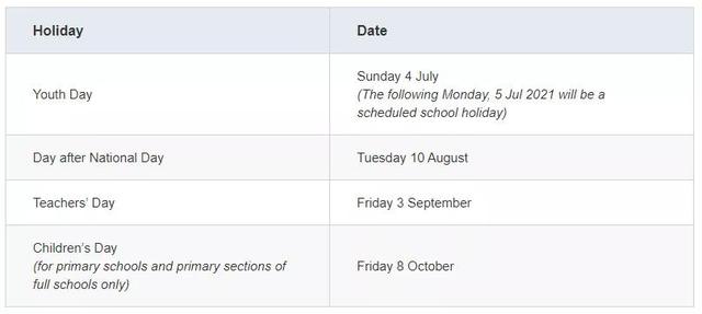 2021新加坡政府中小学学费、假期时间表出炉