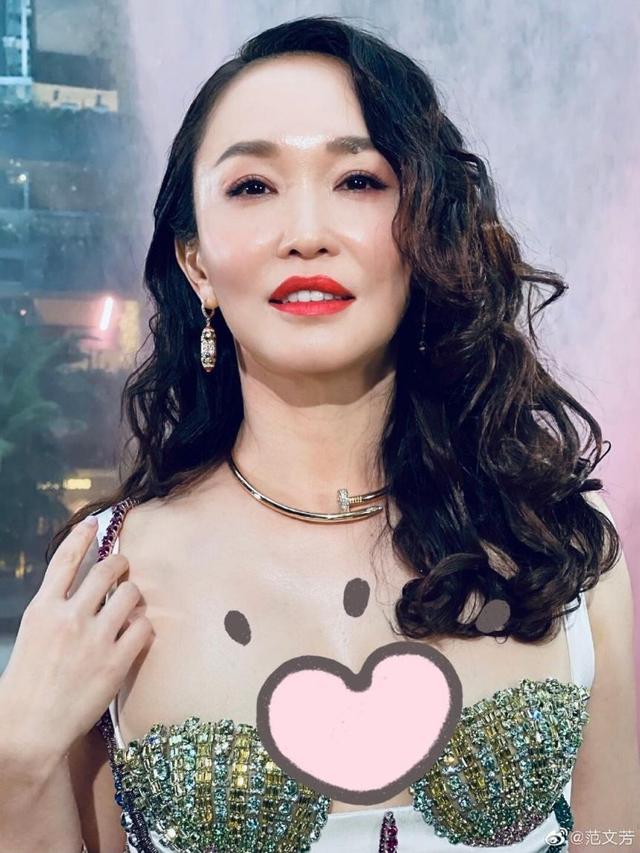 50岁范文芳穿镶钻抹胸裙，满面油光身材似少女，同龄老公却老太多